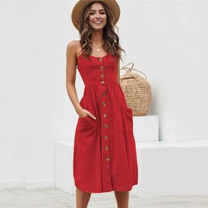 Grande taille décontracté imprimé été plage Robe 2021 Robe d'été Sexy Spaghetti sangle col en v bouton femmes Midi Vestidos rouge Robe Femme Y1006