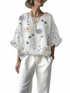 Top informal de talla grande, Top tipo túnica con cuello redondo y media manga con estampado Floral para mujer m622#