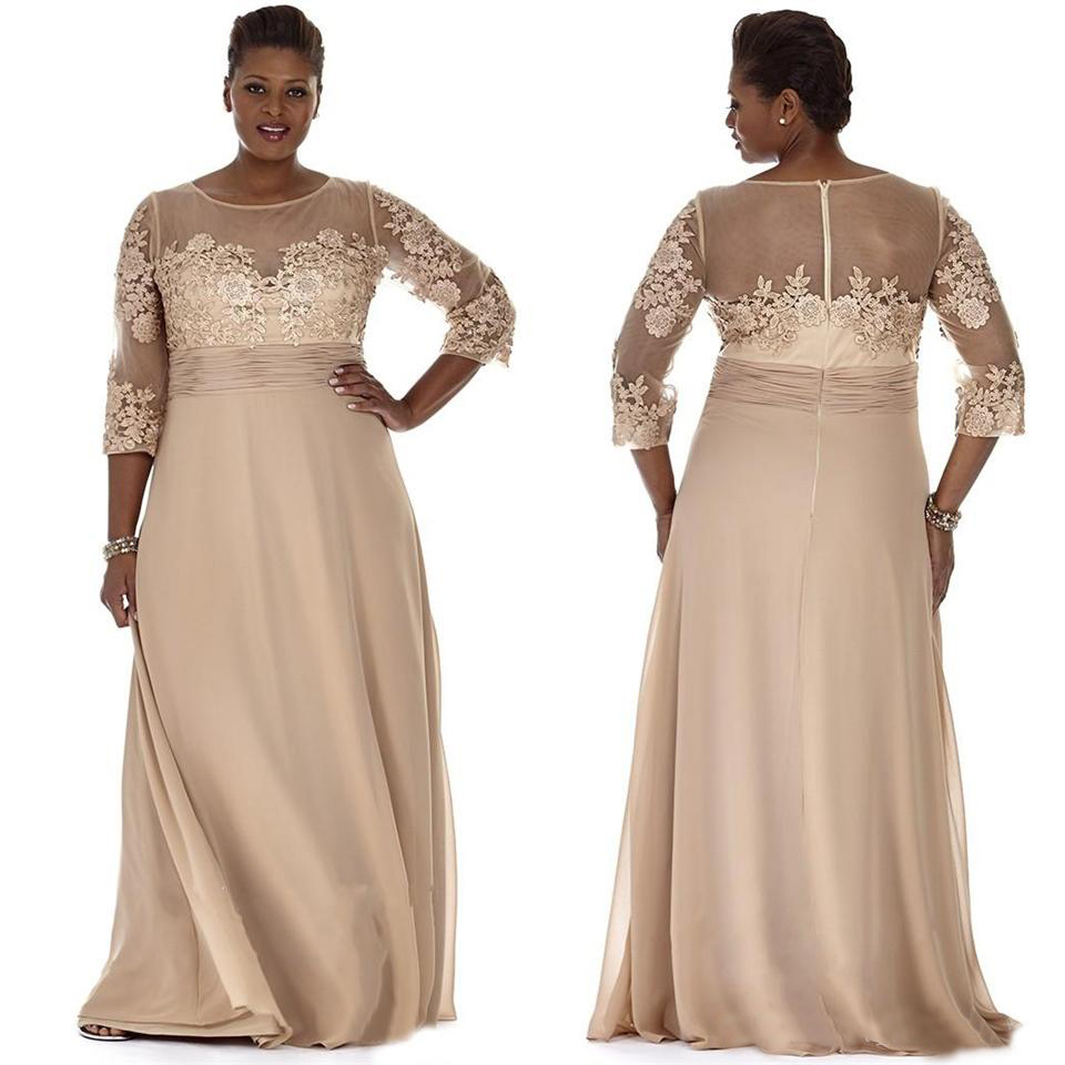 Plus Size Champagne Dresses Sheer Neck Long Sleeve Mother Party Prom Dress Evening Gown for Special Ocn with Lace Appliques Bridesmaid