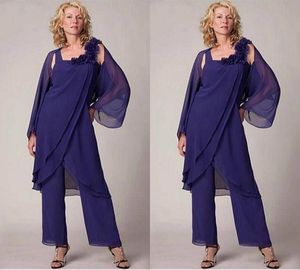 Plus Size Goedkope Moeder van de Bruid Jurken met Jas Drie stukken Chiffon Moeder van de Bruid Broek Pakken Formele Dress Party