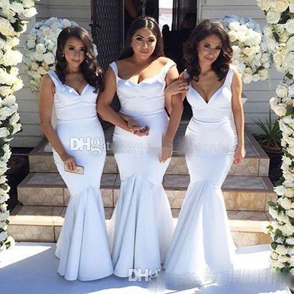 Vestidos de dama de honor de sirena blancos baratos de talla grande 2017, longitud hasta el suelo de satén, vestidos largos de invitados de boda de talla grande, vestidos de fiesta