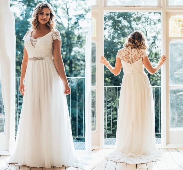 Vestidos de novia elegantes de gasa de talla grande con mangas casquillo Vestidos de novia elegantes de encaje con cuello en V Boho Garden Beach Longitud del piso Vestidos de novia plisados ​​AL6466