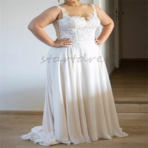 Plus Size Chiffon Trouwjurk Doorzichtige Hals Wit Tot de Grond Zomer Strand Bruidsjurk 2024 Ruglooze Landelijke Boheemse Bruidsjurk Vestios De Novias Robe De Mariage