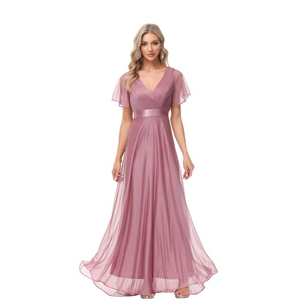 Vestido de fiesta de Navidad de talla grande, manga corta, verano, colores sólidos, cuello en V grande, gasa elástica, banquete de noche, vestido largo de sirvienta para novias