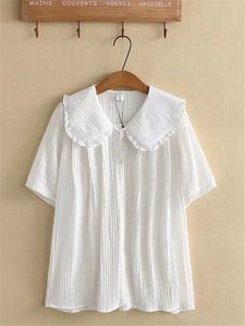 Plus size kleding voor vrouwen in de zomer in de zomer korte mouw shirt poppen kraag premium katoenen stof met jacquard patroon grote tops 240419