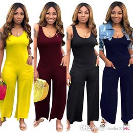 Ropa de talla grande, monos para mujer, pantalones largos de pierna ancha informales de Color sólido con bolsillos, monos sexis sin mangas, ropa de dormir