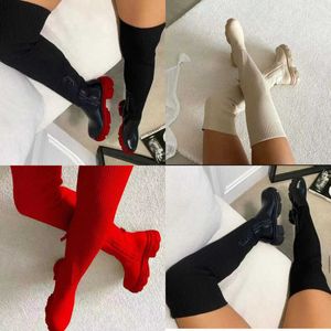 Plus Size CN35-43 Designer Vrouwen Laarzen Hoge Buis Laars Over Knie Ronde Kop Vliegende Mode Geweven Laarzen Elastische Sokken schoenen Groothandel