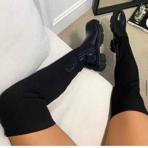 Designer Women Boots High Tube Boot Woven laarzen Sokken schoenen over knie ronde hoofd vliegende mode plus size cn35-43