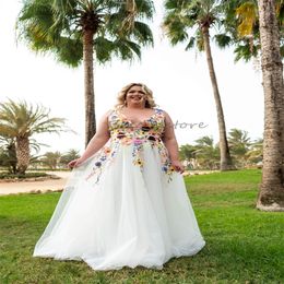 Plus Size Kleurrijke Bloemen Trouwjurk Mexica 2024 Diepe V-hals A-lijn Country Garden Bruidsjurk Elegant Korset Veters Boho Boheemse Bruidsjurk Great Gatsby Novias