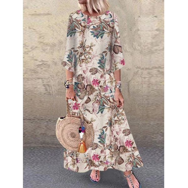 Taille plus coton lin long robe femme automne surdimensionné surdimensionné décontracté pull d'impression jupe pour vestiaire femelle robe 240412