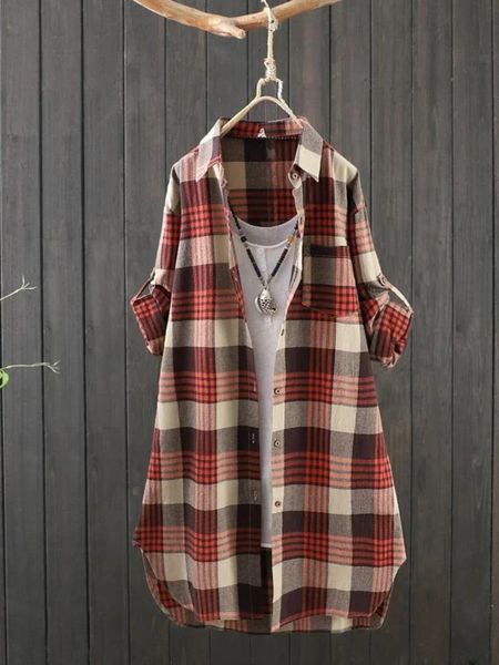 Taille plus coton lin moyen moyen à plaid moyens de chemise d'automne vintage les chemises femelles décontractées blouses lâches vêtements d'hiver 240403