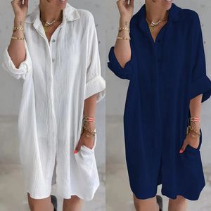 Robe de chemise en lin en coton de taille plus pour femmes 2023 Grande mini-jupe décontractée Automne décontracté et Vêtements de vêtements féminins d'hiver 240506