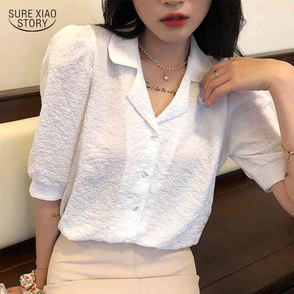 Plus tamaño algodón blanco señoras tops verano soplo manga camisa sólida casual vintage botón cardigan blusa mujeres 10110 210415