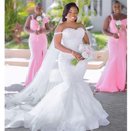 Vestidos de novia de sirena con hombros descubiertos y escote de cristal de talla grande, apliques de encaje de tul Vintage, vestidos de boda de África campestre