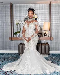 Robes De mariée en cristal grande taille pure manches longues dentelle perlée sirène robes De mariée élégante Robe De Mariee 2022 CC