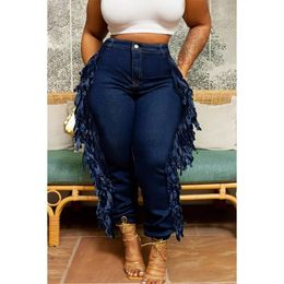 Plus size dagelijkse jeans denim franje asymmetrische taille vracht jeans met pocketvestidos para mujer 240320