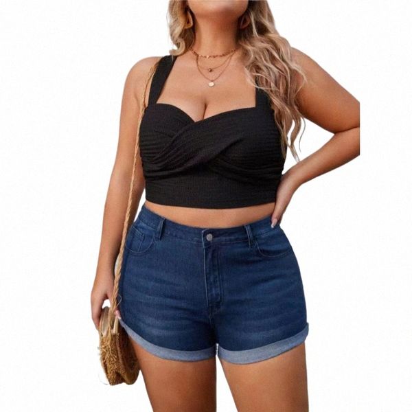 Plus la taille bleu foncé retrousser les jeans courts 4XL été femmes taille haute extensible maigre revers chaud denims shorts pantalons c3wA #