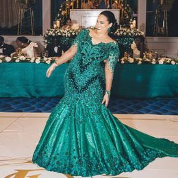 Plus Size Dark Green Mermaid Prom Dresses Sheer Neck Lange Mouw 3D Bloem Kralen Formele Arabische Aso Ebi Eveningjurken