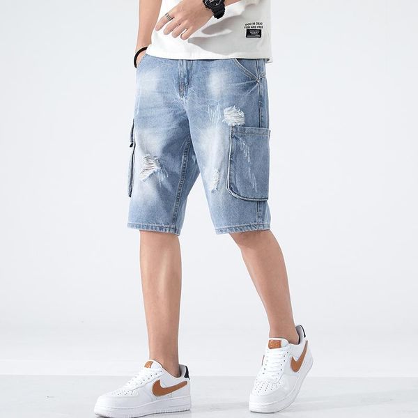 Shorts denim de taille plus hommes 2021 Fashion d'été détruit le trou bleu jean déchirant les pantalons de cargaison courts MENS186Q