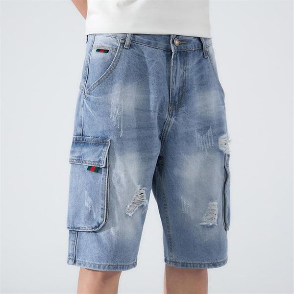 Short en Denim grande taille pour hommes, pantalon Cargo court bleu déchiré avec trous détruits, mode été 2021, 2345