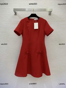 Grote maten Designer damesjurk Maat S-XL Modieus Effen kleuren Ronde hals Jurk met korte mouwen Strikversiering rok June21