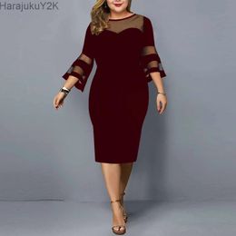 Grande taille Dres robes de soirée élégantes manches en maille tenue décontractée noir femmes vêtements 3XL 4XL 5XL 240312