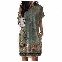 Plus la taille Dres pour les femmes courbées à manches courtes col rond droit lâche imprimé Flowy Sundres pour les femmes Fi été Dres t8JA #