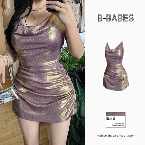 Vestido de talla grande 100 kg Oro brillante Púrpura Nicho Dres Cuello colgante Falda de cadera Puro deseo Cubierta sexy Carne y cintura delgada 240311