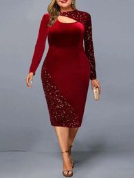 Robe de grande taille pour femmes, élégante, manches longues, Midi, mode automne-hiver, Slim, robes de soirée, rouge, 2023, 240202