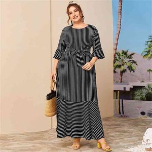 Plus size jurk zomer vrouwen mode drie kwart mouw gestreepte print casual jurk zwarte ruches maxi lange jurken 210322