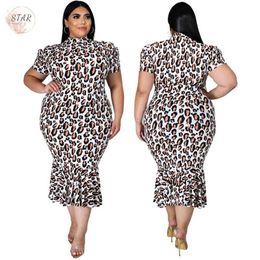 Plus Size Jurk Vrouwen Zomer Luipaard Gedrukt Korte Mouw Maxi Jurken Bodycon Ruffle Zoom Elegante Outfits Groothandel Drop 211106