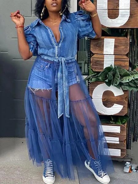 Vêtements de robe plus taille chemise élégante Long Denim Robe Mesh Patchwork Ladies Jeans en gros en vrac Drop 240412