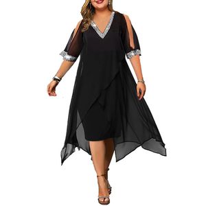 Plus la taille Dresse's Taille Noir Robe Élégante En Mousseline De Soie Paillettes Col En V Manches Fendues Layered Party Dres Soirée Robe De Bal Robes 230713