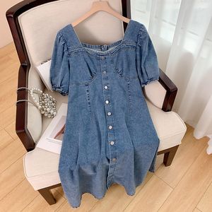 Robes Grandes Tailles 150Kg Taille Femme Buste 150 Été Lâche Col Carré Manches Bulles Fermeture Éclair Dos Denim Robe Bleu 5XL 6XL 7XL 8XL 9XL 230512