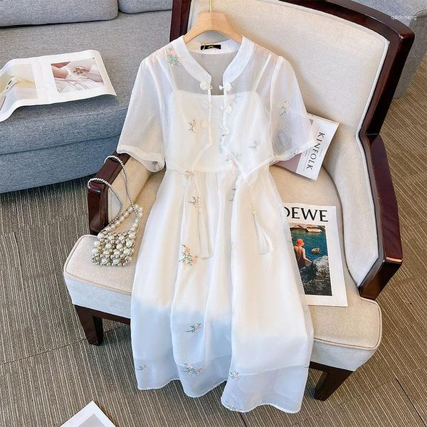 Robes grande taille 150Kg buste femme 148 été ample Style chinois robe broderie deux pièces ensemble blanc 5XL 6XL 7XL 8XL 9XL