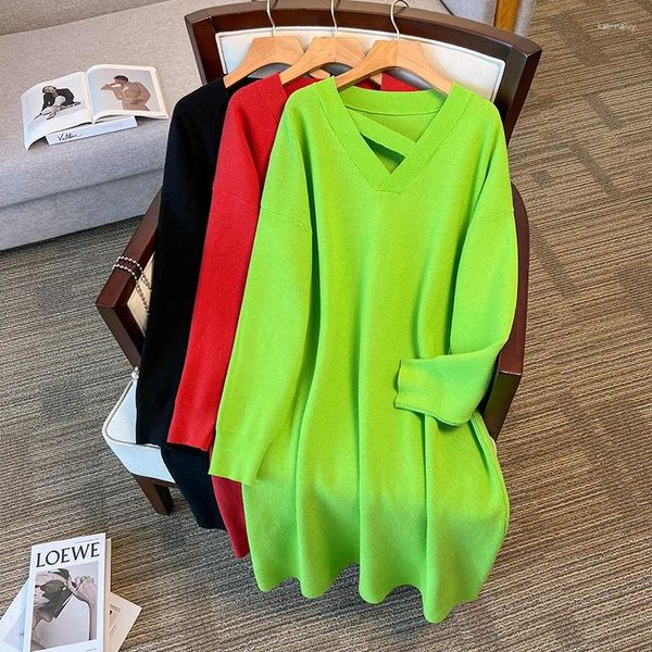 Robes grande taille 155Kg buste femme 160 printemps automne ample longue col en v robe pull noir rouge vert 5XL 6XL 7XL 8XL 9XL 10XL