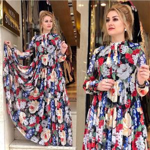Plus size jurken 2022 zomer floral bohemian jurk vrouwen boog kraag lange mouw chiffon hoge taille maxi boho strand