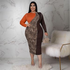 Robes de taille plus 2022 Femmes Leopard Patchwork à manches longues O BODYCON MIDI MAXI DRESS Vêtements 236A