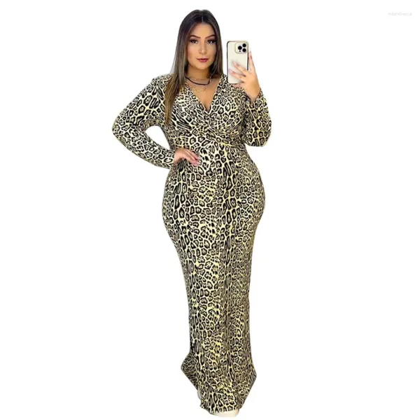 Vestidos de talla grande para mujer, ropa de otoño 2023, vestido largo Sexy con estampado de leopardo para fiesta y noche, venta al por mayor