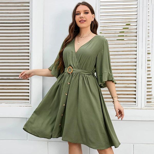 Robes de grande taille 2023 Robe en polyester à col en V profond avec ceinture élastique taille haute manches demi-corne vêtements pour femmes en promotion