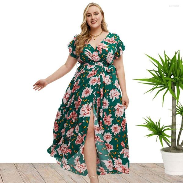 Vestidos de talla grande 2023 verano estilo europeo y americano Sexy cuello en V manga corta estampado vestido con abertura para mujer