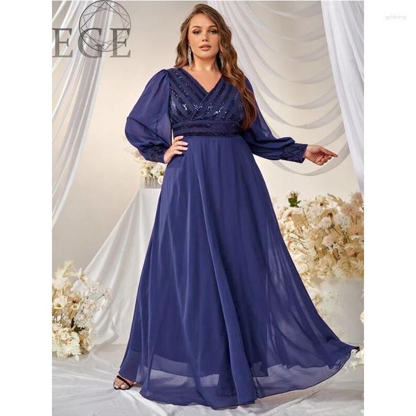 Vestidos de talla grande 2023 V Cuello espumoso Boda Royal Blue manga larga Vestido de noche 4xl5xl Luxury Elegant Chiffon Maxi