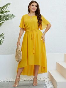 Plus size jurken 2024 Chiffon feestjurken voor vrouwen plus size zomer solide kleur casual boho strandjurk ruche korte sleve rek rekwikkel jurk t240518