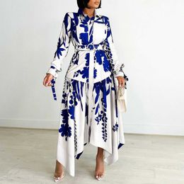 Plus size jurken 2024 mode lange slve floraal verbanding turndown colla maxi jurk zomer onregelmatige vrouwen sexy feestclub jurken y240510