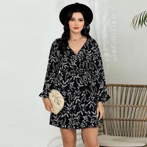 Robes décontractées pour femmes, grande taille, imprimé Floral noir, manches lanternes, col surplis, ample, couches, L016, 2024