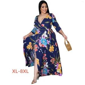 Robes grande taille 4xl 5xl 6xl 7xl 8xl femmes col en v mi manches robe fendue bohème plage imprimé balançoire