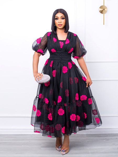 Robes de grande taille 4XL 5XL robe de princesse de soirée sexy voir à travers rose noir tulle maille couture printemps été robes longues en grande balançoire