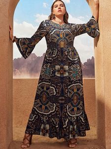 Plus Size Jurken 5XL Maxi Dames Lente Herfst Lange Mouw Geometrische Bloemenprint Retro Vintage Jurk Abaya Dubai Moslim