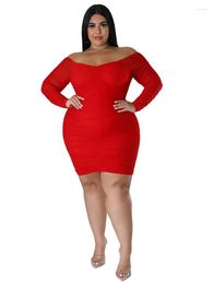 Robes grande taille 5XL femmes courtes Slash cou manches longues Ropa Mujer automne solide drapé Sexy surdimensionné robe gaine Vestidos