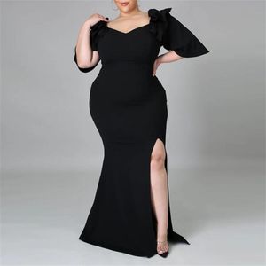 Plus size jurken 5xl dames avondjurk 2021 winter vrouwelijke ruches mouw hoge split sexy nachtclub feest maxi long 261y